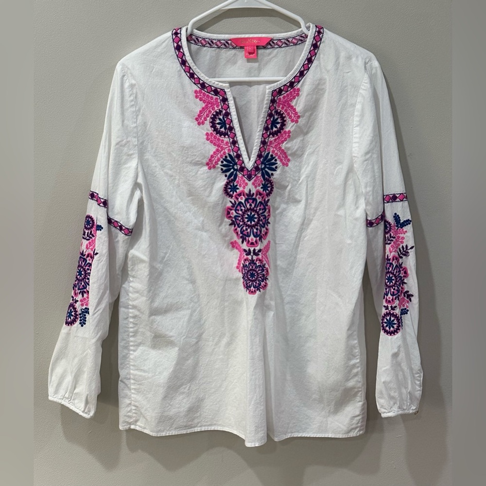 Lilly Pulitzer Coretta Tunic Top Long Sleeve Shirt Resort White Size L